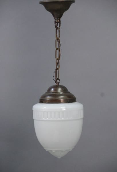 Antique 10283. 1930's Pendant With Glass Acorn Shaped Shade featuring a frosted glass bowl and a metal chain, suspended against a plain gray background.