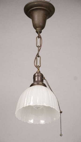 10495. 1930's Fluted Milk Glass Pendant hanging pendant light with a frosted white glass shade, suspended by a metal chain with a pull switch, against a grey background.