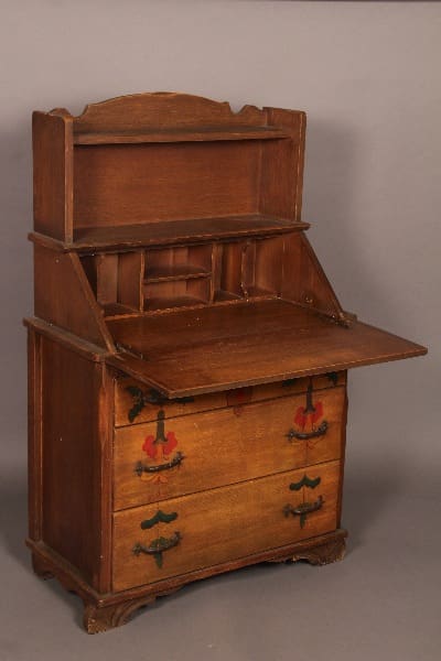 Antique 11156. Rancho Period Secretary Desk with Three Drawers with drop-front writing surface, multiple compartments, and three drawers with brass handles.
