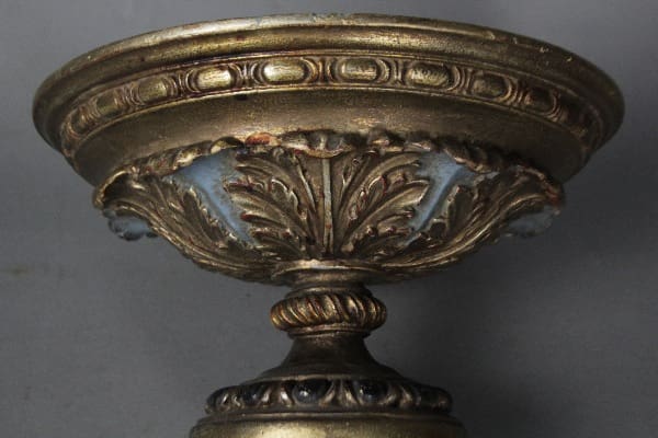 11985. 1920's Gilt Wood Polychrome Display Bowl with intricate leaf designs and a textured rim, set against a grey background.