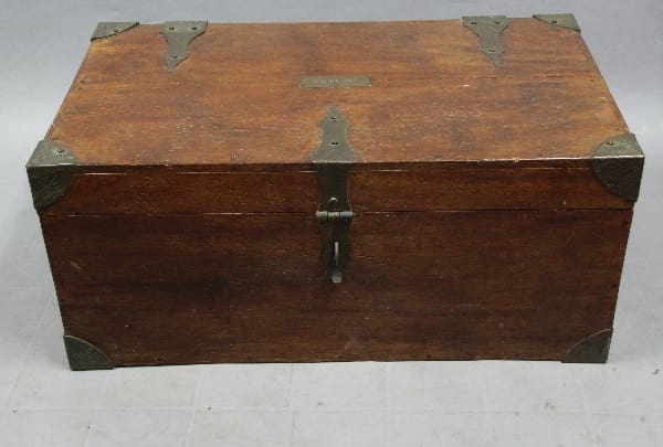 12424. Arts And Crafts Trunk With Hammered Bronze Hardware with a front latch, on a plain background.