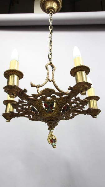 13010. 1920's Five Light Polychromed Chandelier with intricate branch-like details, hanging from a chain on a white background.