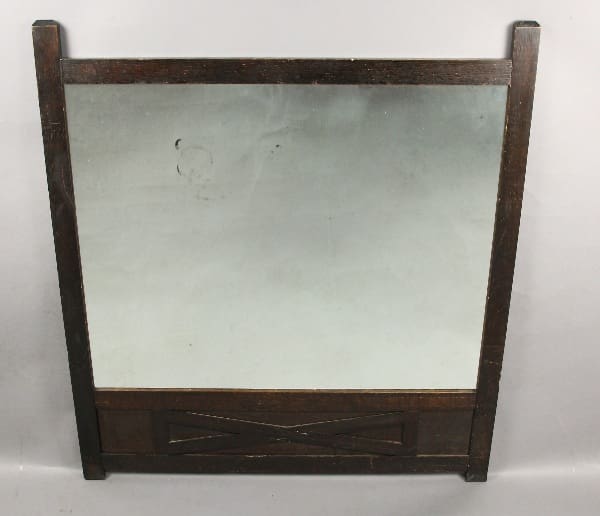 13612. 1910 Oak Arts And Crafts Mission Mirror with visible wear and a slight imperfection in the glass, set against a plain white background.