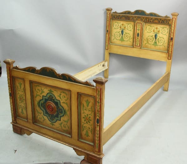 13666. Spanish Revival Hand Painted Twin Bed with colorful floral and geometric designs on the headboard and footboard.