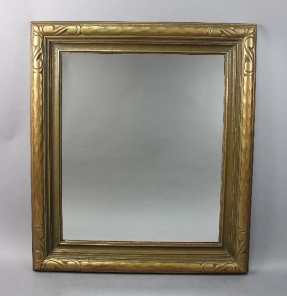 Antique square mirror with 14106. Turn Of The Century Carved Wood Frame With Gold Gilt Finish, featuring intricate patterns and textures, against a gray background.