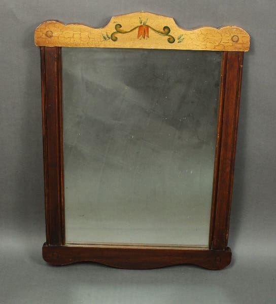 14436. Monterey Period Spanish Revival Style Mirror with a decorative, floral design at the top on a gray background.