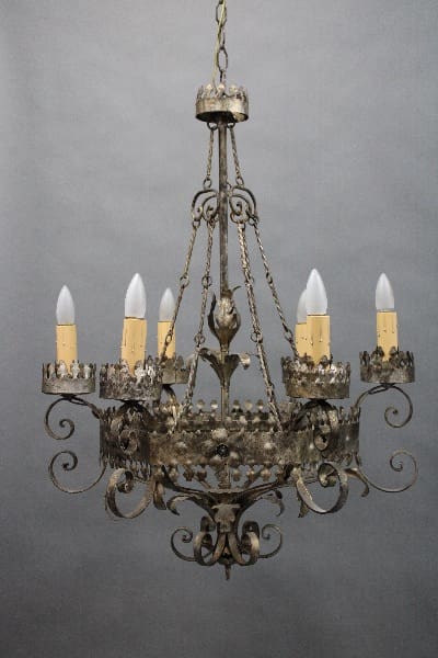 14549. 1920's Larger Scale Pewter Color Chandelier with ornate metalwork and five candle-shaped bulbs against a gray background.