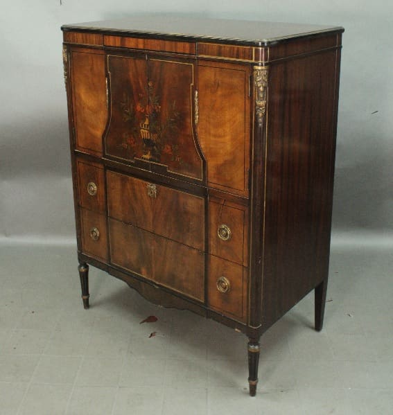Antique 14655. 1920's High Boy with intricate inlay design and brass hardware, featuring two large drawers and a drop-down secretary desk.