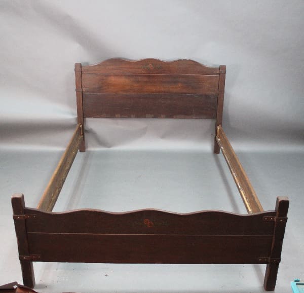 14701. Double Spanish Revival Bed with curved headboard and footboard, displayed against a plain backdrop.