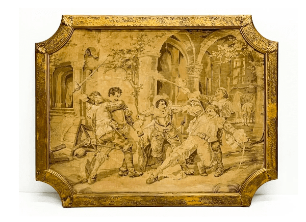Antique fire screen featuring a detailed relief carving of a classical scene with multiple figures, set within an ornate golden frame, showcasing the 14729. Large Scale Spanish Revival Tapestry.