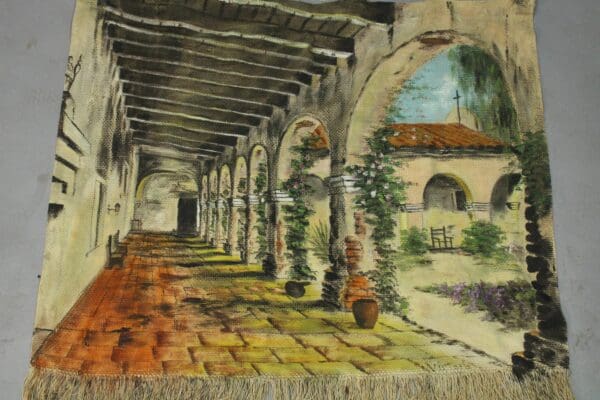 Oil painting of 14865. Spanish Revival Hand Painted Mural Of California Mural with columns, potted plants, and a view of an arched bridge in the background.