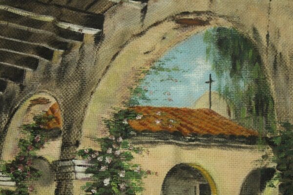 Oil painting of a 14865. Spanish Revival Hand Painted Mural Of California mural with glimpses of a distant church through the arch, surrounded by lush greenery and flowers.
