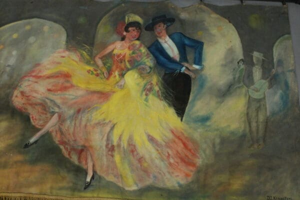 14879. Spanish Revival Hand Painted Mural And Rod of a couple dancing in vibrant traditional outfits with musicians in the background, signed by "d.l. rivera.