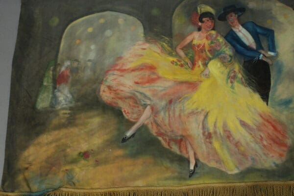 14879. Spanish Revival Hand Painted Mural And Rod of a dancing couple, the woman in a flowing yellow dress and the man in a blue suit, with a blurred background suggesting movement.