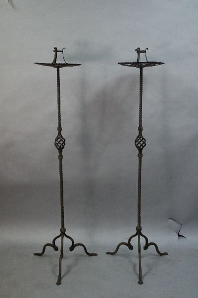 Two 14983. Pair Of Tall Candle Stands With Iron Construction And Copper Cut Out Tray against a plain gray backdrop.