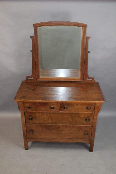 15239. Arts And Crafts Dresser With Mirror, featuring four drawers and a rectangular top, set against a gray backdrop.