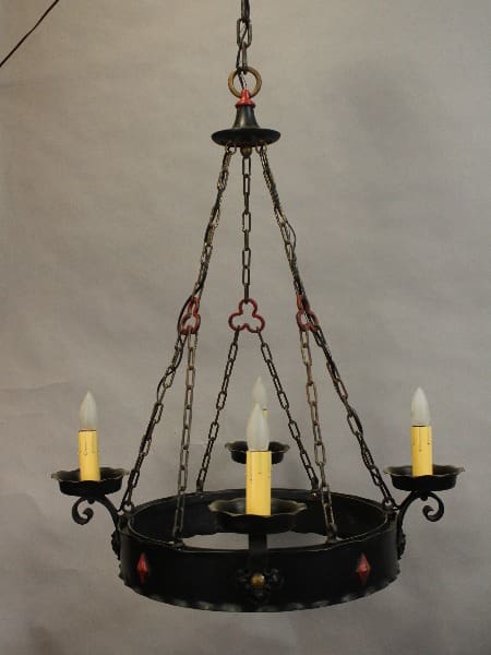 15406. Circa 1920's Iron Chandelier With Wrought Iron Construction with candle-style lights hanging from chains, set against a neutral background.