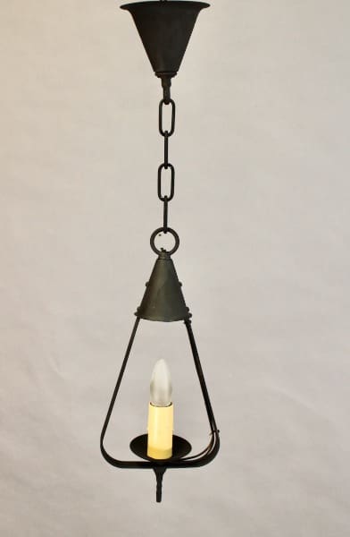 A 15494. Single Light 1920's Pendant with a conical shade and a single bulb, suspended from a chain against a plain background.