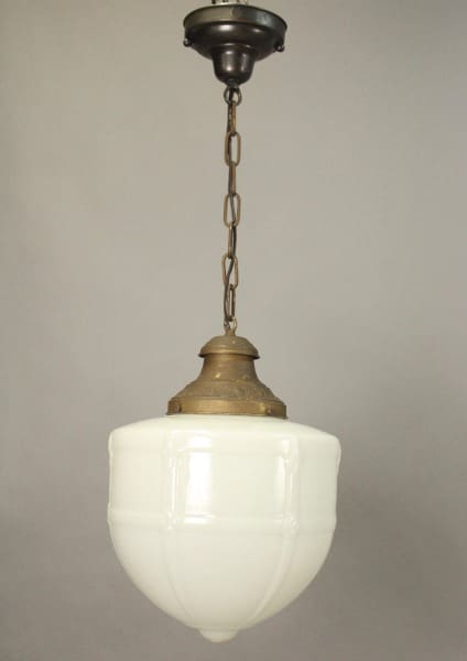 15722. 1920's Pendant With Original Glass hanging pendant light with a white glass shade and brass fittings, suspended from a chain against a gray background.