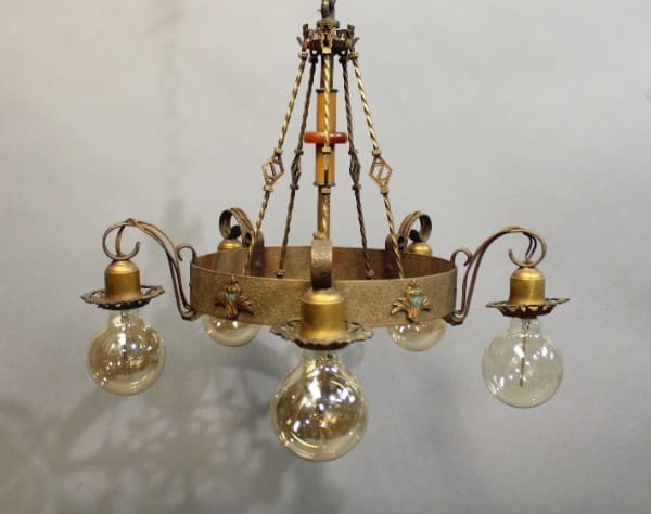 15884. Spanish Revival 1920's Polychrome Downlight Chandelier with five lights, decorative ornaments, and a chain suspension system, displayed against a gray background.