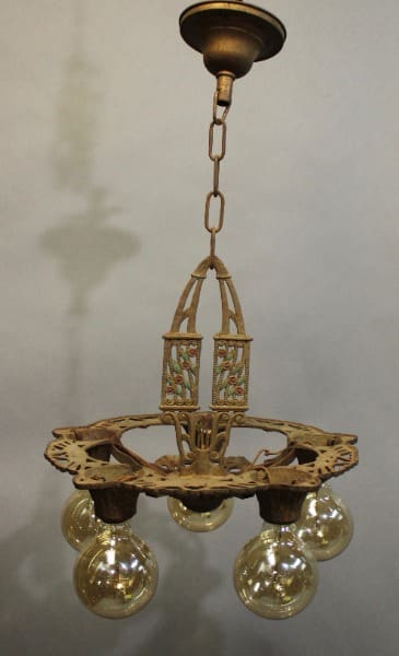 15939. Five Light 1920's Downlight Chandelier With Original Polychrome Finish with ornate metalwork and painted glass panels, featuring four bulbous glass light fixtures, suspended from a chain.