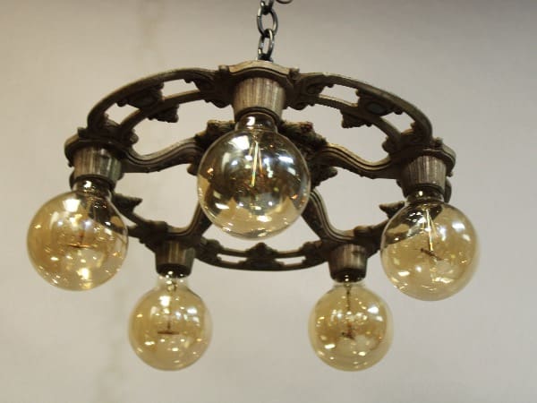 Antique circular chandelier with 15948. 1920's Ceiling Mount With Five Down Light suspended from a chain, set against a neutral background.