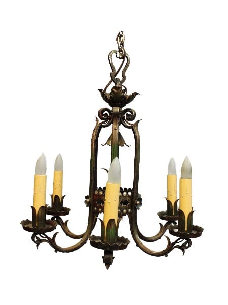A 15988. Six Light 1920's Spanish Revival Tudor Chandelier with five candle-like lights and ornate metalwork, isolated on a white background.