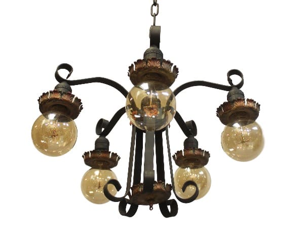 15997. Five Arm Spanish Revival Chandelier With Down Lights with twelve ornate arms and spherical light bulbs, suspended from a ceiling, set against a white background.