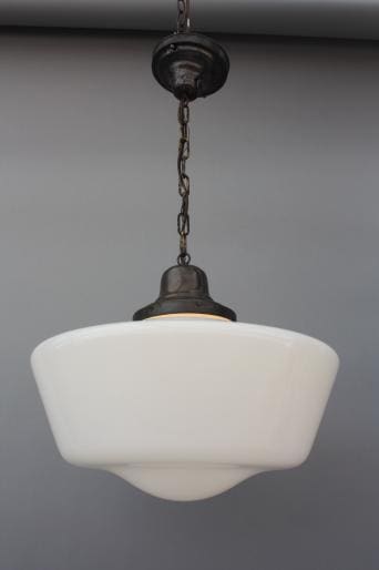 Vintage pendant light featuring a white inverted bowl shade with a metal chain and cap, against a gray background. 5845. Classic 1930's Milk Glass Pendant Light