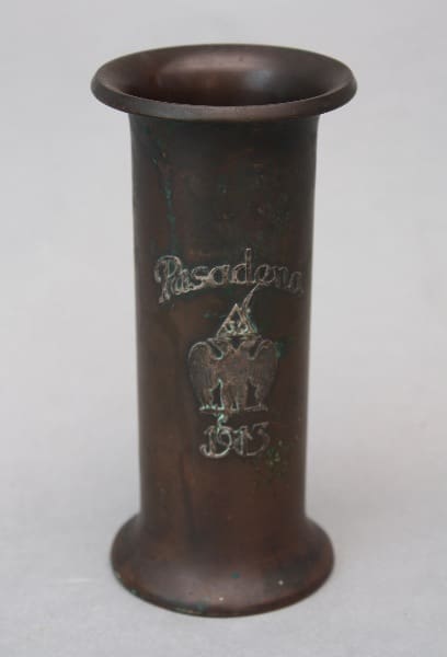 Antique 9348. Heintz Bronze and Sterling Vase with "Pasadena 1913" embossed alongside an elephant design, showing signs of tarnish and patina.