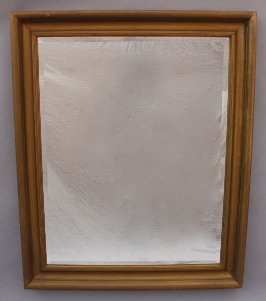 A 9628. Simple Elegant Gilt Wood Vertical Bevelled Mirror mounted in a wooden frame against a gray background.