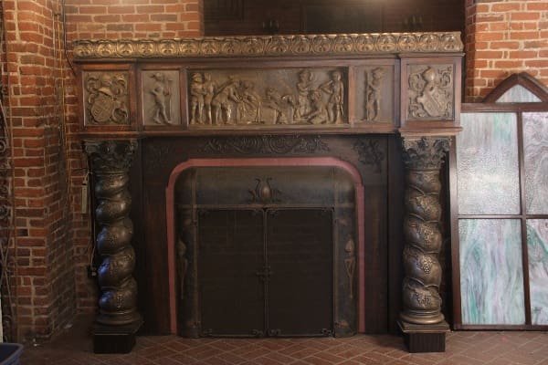 11479. Signed 1910 Carved Wood Fireplace With Original Fire Screen by A Aguila
