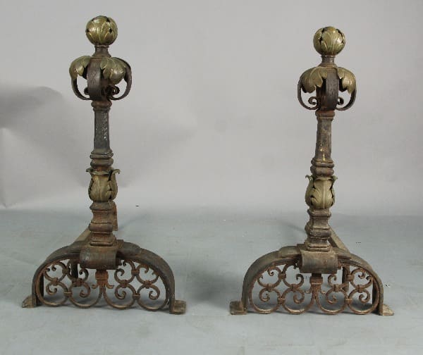 Two 12966. Spectacular Pair Of Large Scale Of Andirons with ornate designs and spherical tops, displayed against a plain gray background.