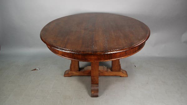13062. Turn Of The Century Mahogany Dining Room Table with a polished surface and a central pedestal base, set against a grey background.