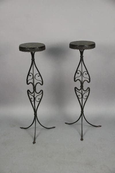 Two Pair Of 1920's Iron Base Table With Marble Top with circular tops, set against a plain white background.
