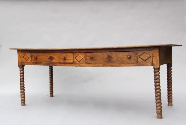 13923. Large Scale 19th Century Farm Table With Great Patina with ornate diamond inlays on its three drawers and barley twist legs, set against a neutral gray background.