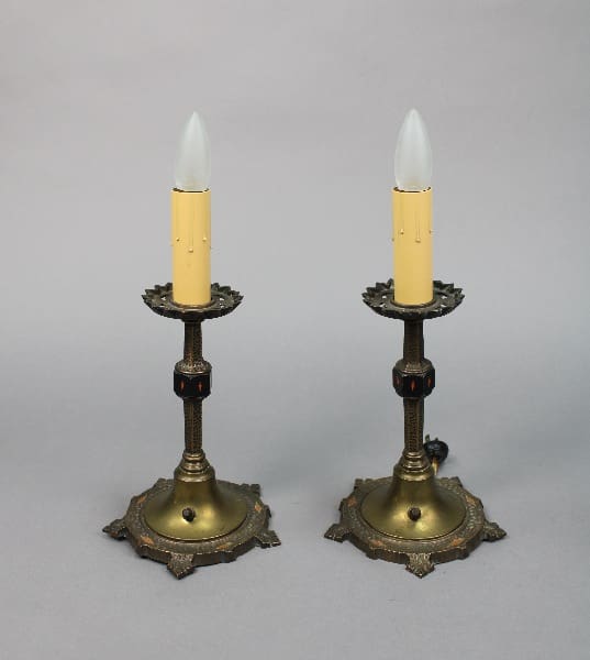 Two 13929. Pair Of Circa 1920's Table Lamps With Original Polychrome candlestick holders with electric candles on a gray background.