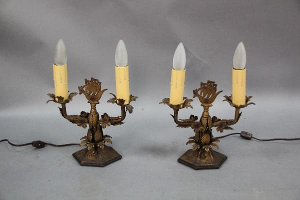 Two 14009. Pair Of 1920's Double Light Table Lamps With Galleon with three electric candles each, set against a grey background.