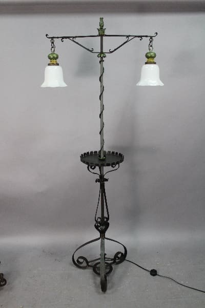 Antique 14096. Spanish Revival Wrought Iron Double Light With Drink Tray with iron base and twisted pole, supporting a horizontal bar with two hanging white glass shades.