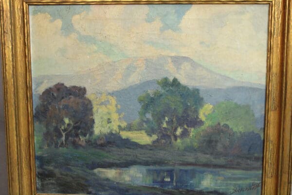 Mountain landscape with trees and water.