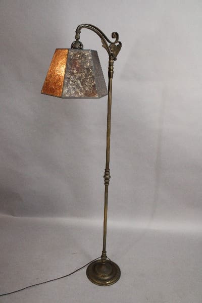 Antique brass 15083. Bridge Lamp Circa 1920's with a curved neck and an ornate, textured lampshade, standing against a plain, light grey background.