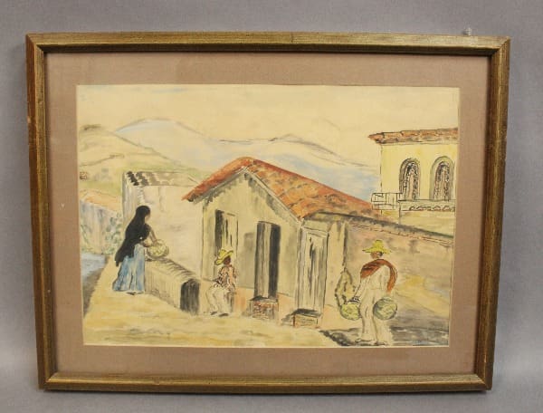 Rural scene with figures and houses.