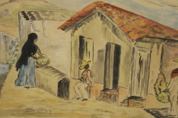 Two figures near simple houses in landscape.