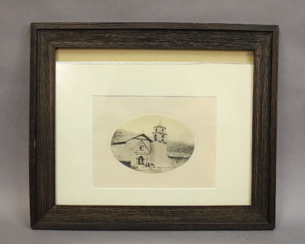 Framed illustration of a church building.