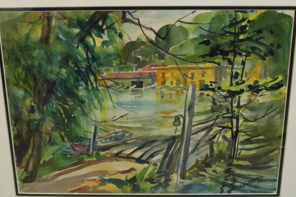 Watercolor landscape with trees and water.