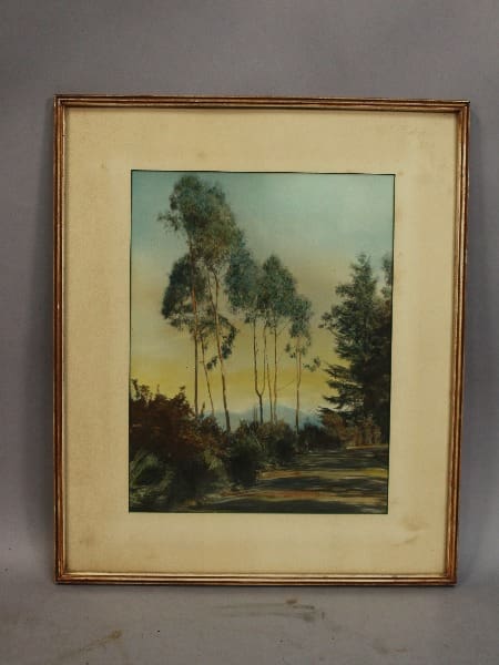 Framed landscape with trees and mountains.