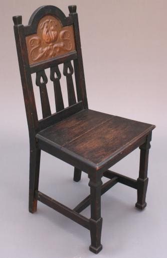 302. Arts & Crafts Chair w/Hammered Copper Back with straight legs on a plain background.
