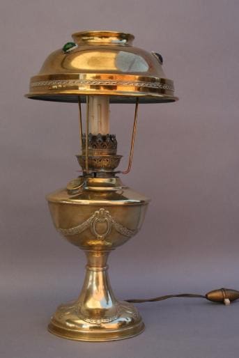 3931. Early 20th Century Art Nouveau Jeweled Brass Table Lamp with an ornate base and a glass shade, fitted with electric wiring and a pull-chain switch.
