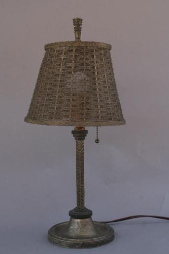 4500. Incredible WireCraft Table Lamp with a burlap shade and a distressed bronze base, set against a light gray background.