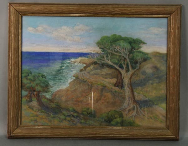 Coastal landscape painting with trees and ocean.